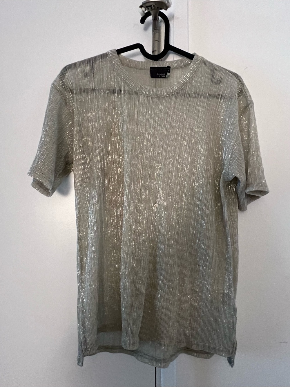 Metallic Silver Short Sleeve Mesh Top - Urban Outfitters